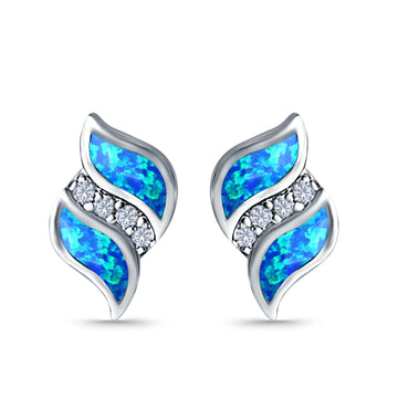 Stud Earring Lab Created Blue Opal Simulated CZ 925 Sterling Silver (14mm)